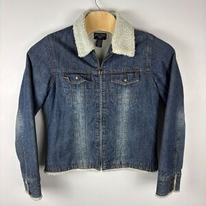 Steve‎ Barrys Relaxed Fit Denim Sherpa Lined Jacket XL Blue Jean Faux Fur Collar